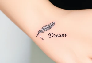 A delicate silver and white feather with tiny falling petals, with the word "Dream", representing a love that feels ethereal and magical. tattoo idea