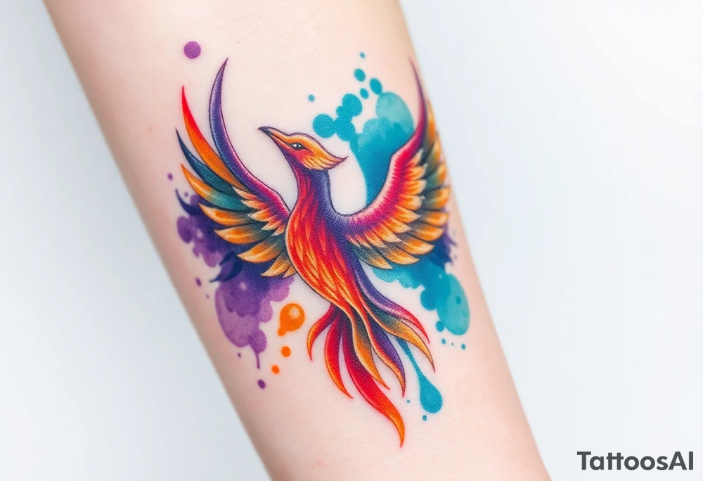 Phoenix in flames with purple, blue, orange, teal and green splashes, looking upwards tattoo idea