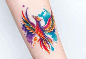 Phoenix in flames with purple, blue, orange, teal and green splashes, looking upwards tattoo idea