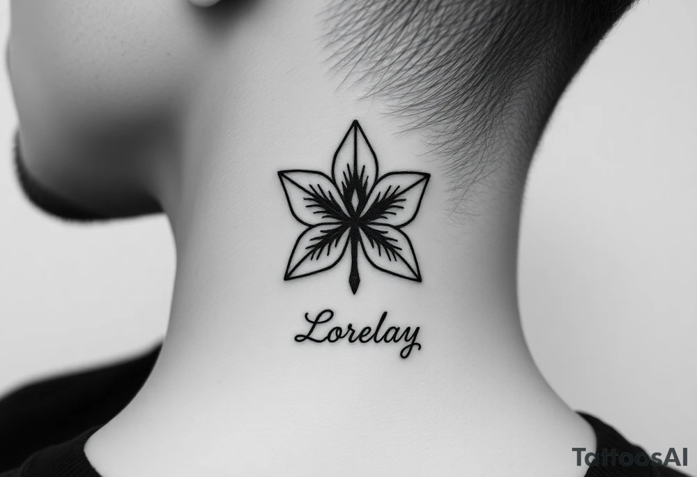 Crea un diseño significativo sobre la flor de bayahibe egipcia y que tenga el nombre escrito por de bajo del diseño el nombre de mi hermana Lorelay para la parte baja del bíceps tattoo idea