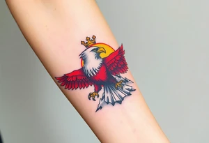 A red and white Moravian eagle with golden crown on its head  soaring above mountain peaks, with the sun rising behind it tattoo idea