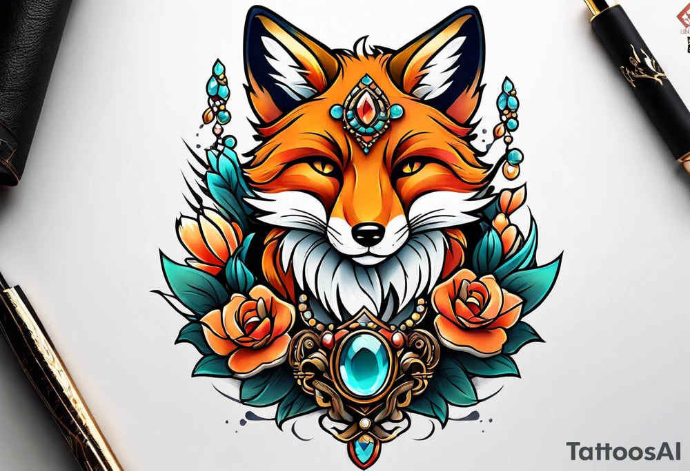 Neo traditional fox wearing jewelry tattoo idea