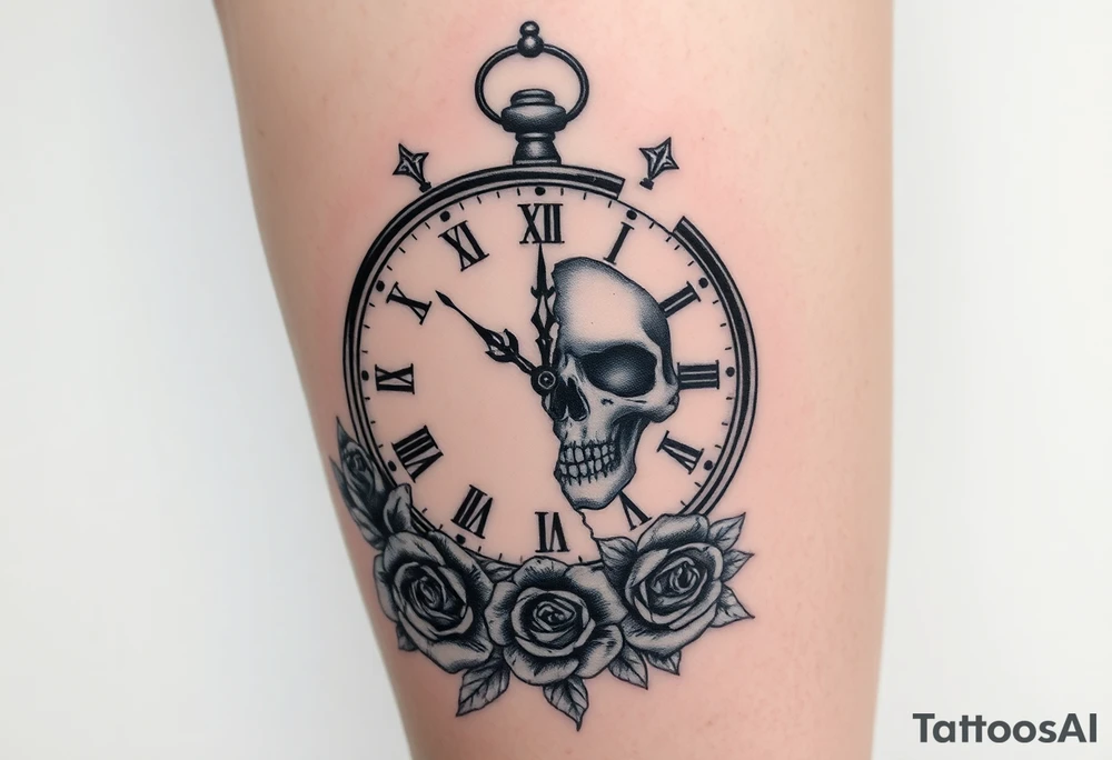 Broken Clock face 11:43 as set time. With roses and skull looking to the clock feminine tattoo idea