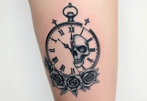 Broken Clock face 11:43 as set time. With roses and skull looking to the clock feminine tattoo idea