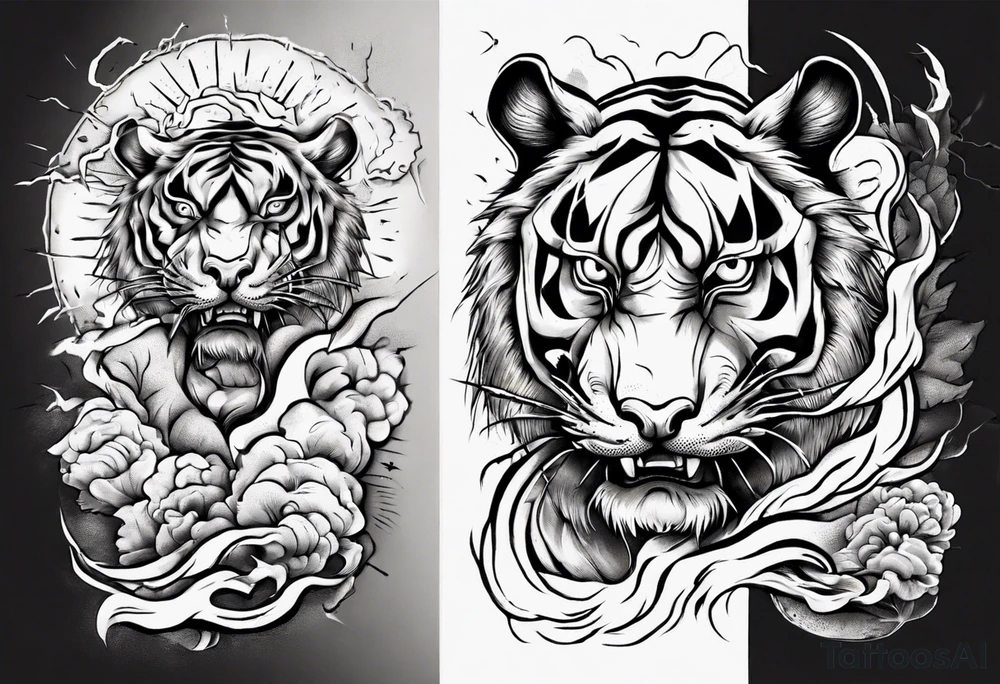 Ancient tiger with lightning and a sun for a forearm sleeve. With patterns surrounding it tattoo idea