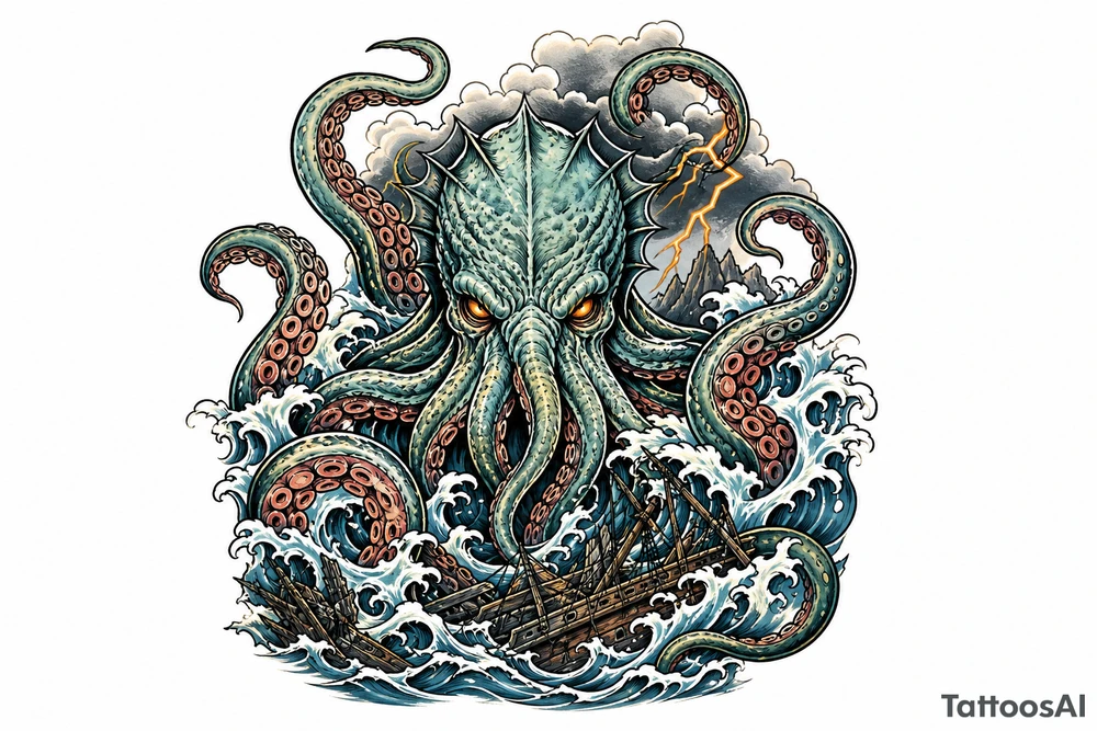 A powerful kraken-like water demon, tentacles emerging from stormy waves. tattoo idea