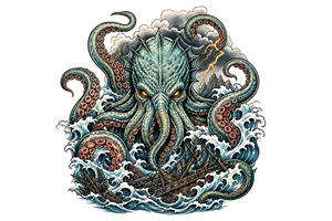 A powerful kraken-like water demon, tentacles emerging from stormy waves. tattoo idea