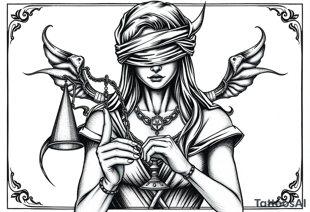 Fortuna's card as a beautiful woman with eyes covered with material, holds a scale in her hands. This character have to be in a card/frame. Do this woman without named tattoo idea