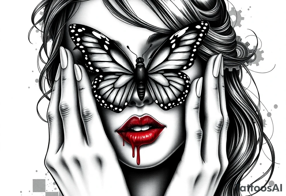 Black and grey realism tattoo design of a beautiful woman's face. And a butterfly landing g on her on the upper bridge of her nose so that the lower wings of the butterfly is covering both her eyes  the butterflys right lower wing is covering her right eye and the lower left of the butterfly wing is covering her left eye  (see no evil), she is bitting on her lip hard to where it is bleeding bright red(speak no evil). Wuth her left hand iver her left ear and her right hard over her right ear ( hear no evil )The style is black and grey realism, hyper-realistic, dark, and evil. Incorporate ninja gear elements and mechanical details (gears) subtly into the background or clothing for a gear ninja evil look. Design for a full forearm sleeve placement tattoo idea