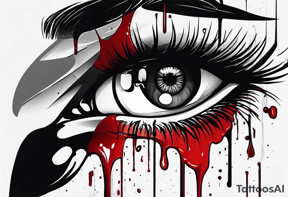 A realistic human eye crying tears of blood with a reflection of two black shadows or people holding guns at two wounded people on the floor tattoo idea