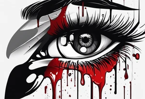 A realistic human eye crying tears of blood with a reflection of two black shadows or people holding guns at two wounded people on the floor tattoo idea
