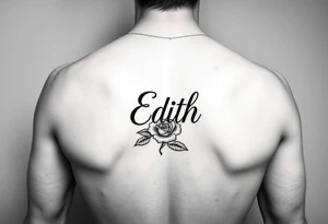 Edith tattoo with a cursive e with a rose half-sleeve tattoo idea