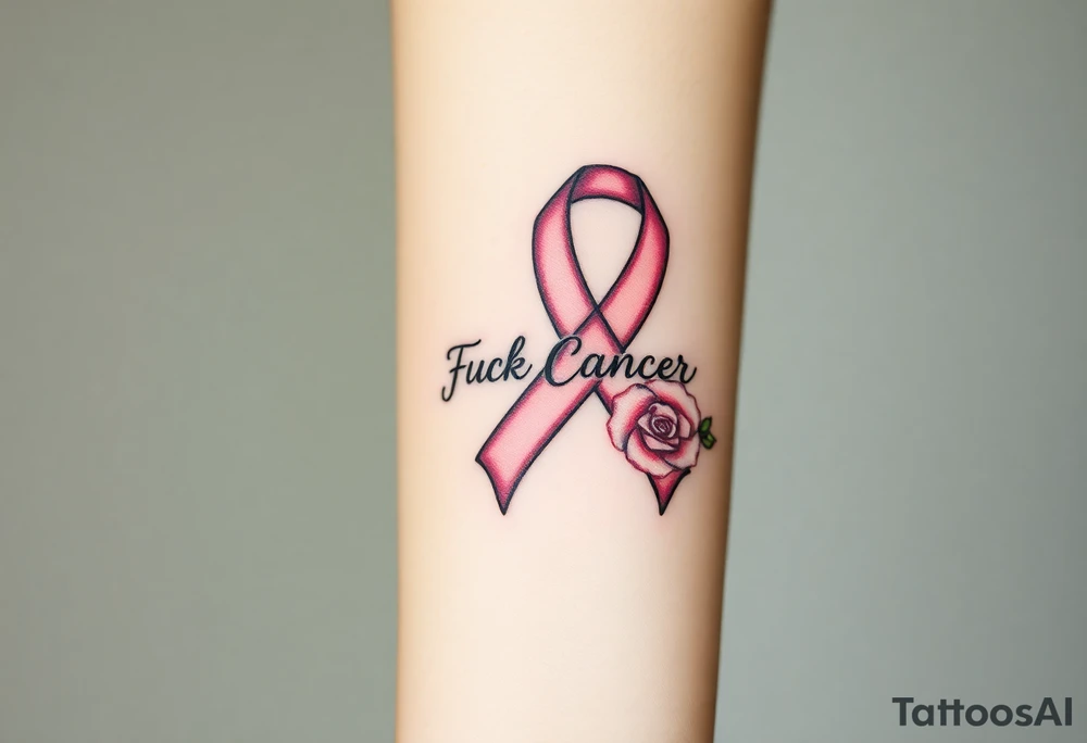 Breast Cancer ribbon that says "Fuck Cancer"with light pink roses tattoo idea