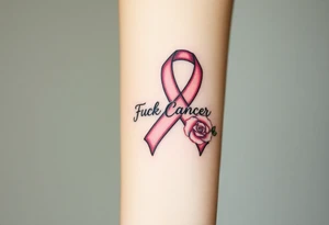 Breast Cancer ribbon that says "Fuck Cancer"with light pink roses tattoo idea