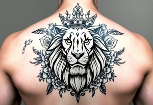 powerful majestic lion with a crown, surrounded by floral ornaments and birds tattoo idea