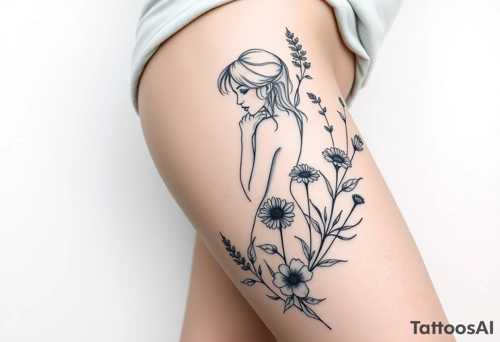 Full thigh tattoo with a sexy girl and plants tattoo idea