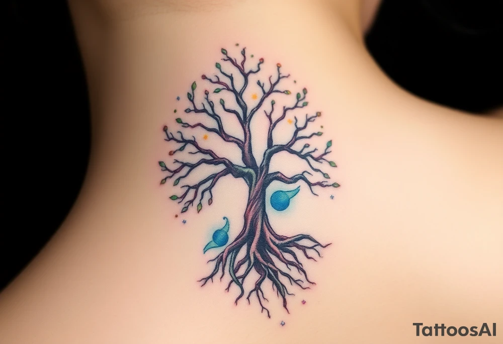 mystical tree of life with cosmic roots and celestial branches tattoo idea