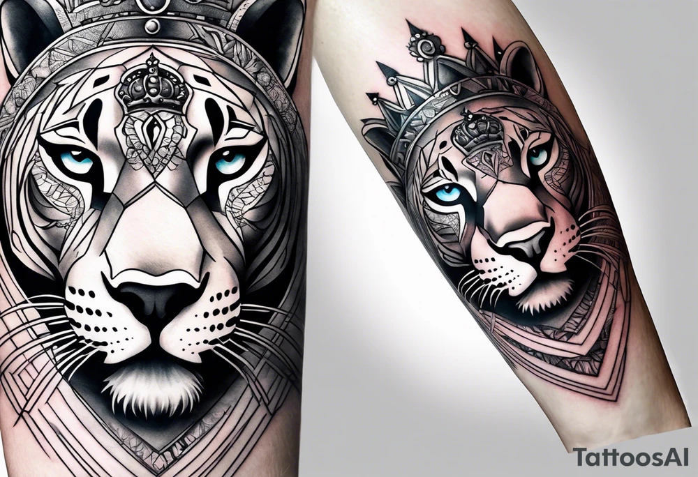 A full sleeve with a panther, a crown, a quote, a little bit of red ink, a girls eyes, an aggressive but heartfelt look tattoo idea