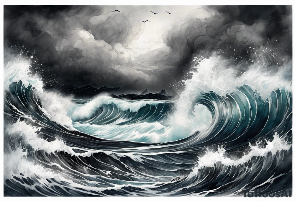 stormy sea waves, full-length woman in the middle of the storm tattoo idea