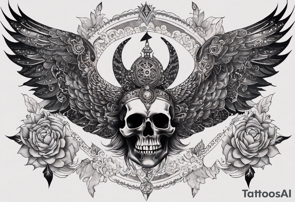black kali, goddess pirate, alien, angel, pachamama, valkrye, warrior, flying, skull, lotus azul, wing, eagle, zenza resonance, stars, 5D, anahata chakra, death, durga, riding on a tiger, flying lady, chest tatoo tattoo idea