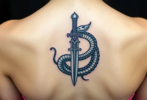 mystical snake coiled around an ancient dagger with jeweled hilt tattoo idea