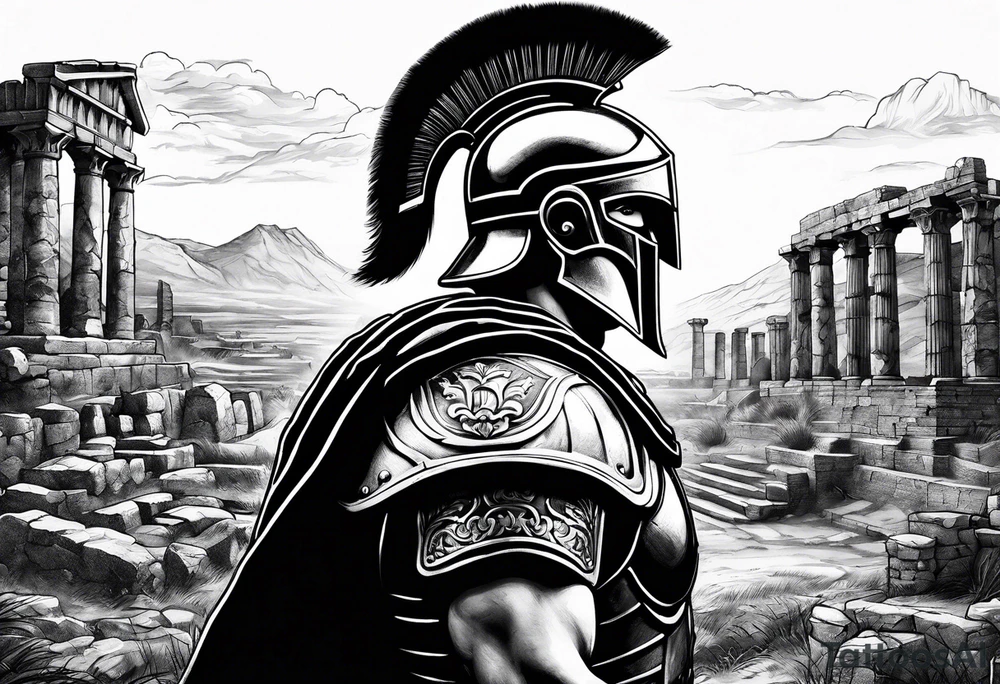 Close up of spartan solider face looking at distant roman ruins tattoo idea