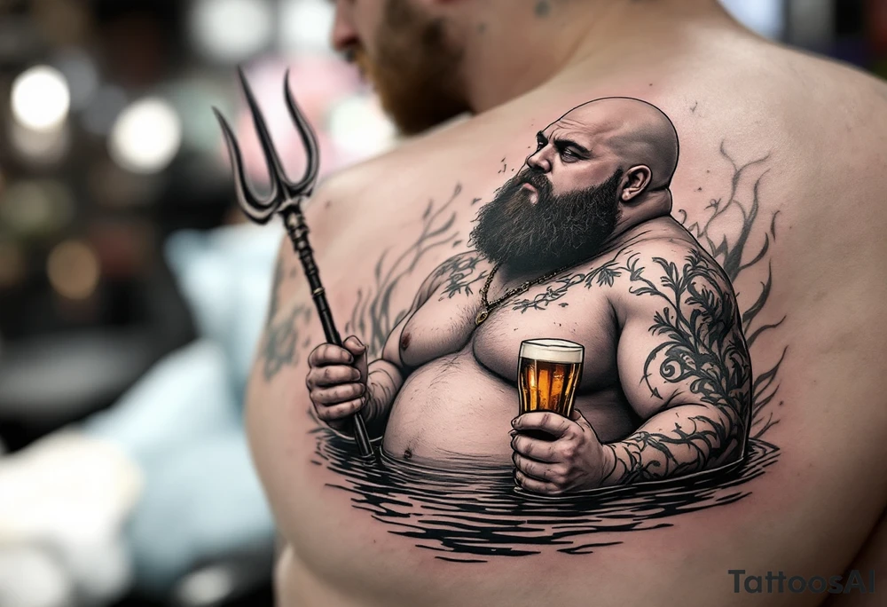 Gay fat guy, with trident, half way in calm water, with a beer tattoo idea