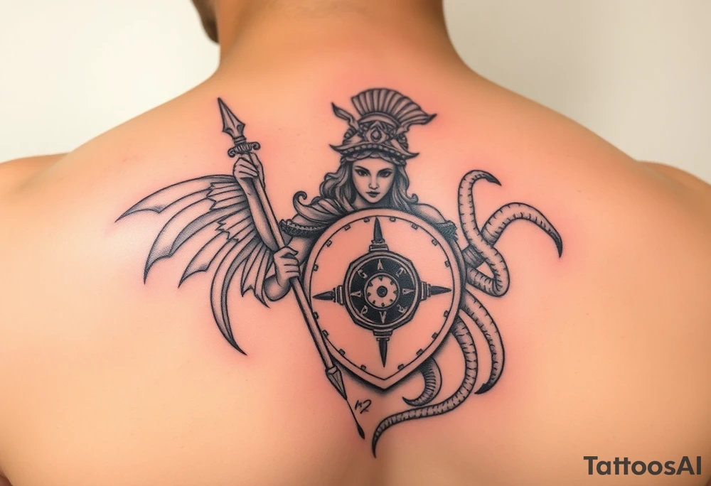 Athena goddess of war and wisdom with her Medusa shield and spear tattoo idea