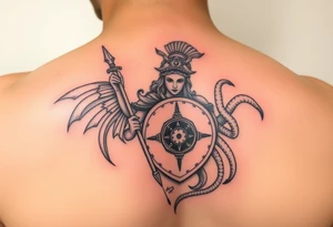 Athena goddess of war and wisdom with her Medusa shield and spear tattoo idea