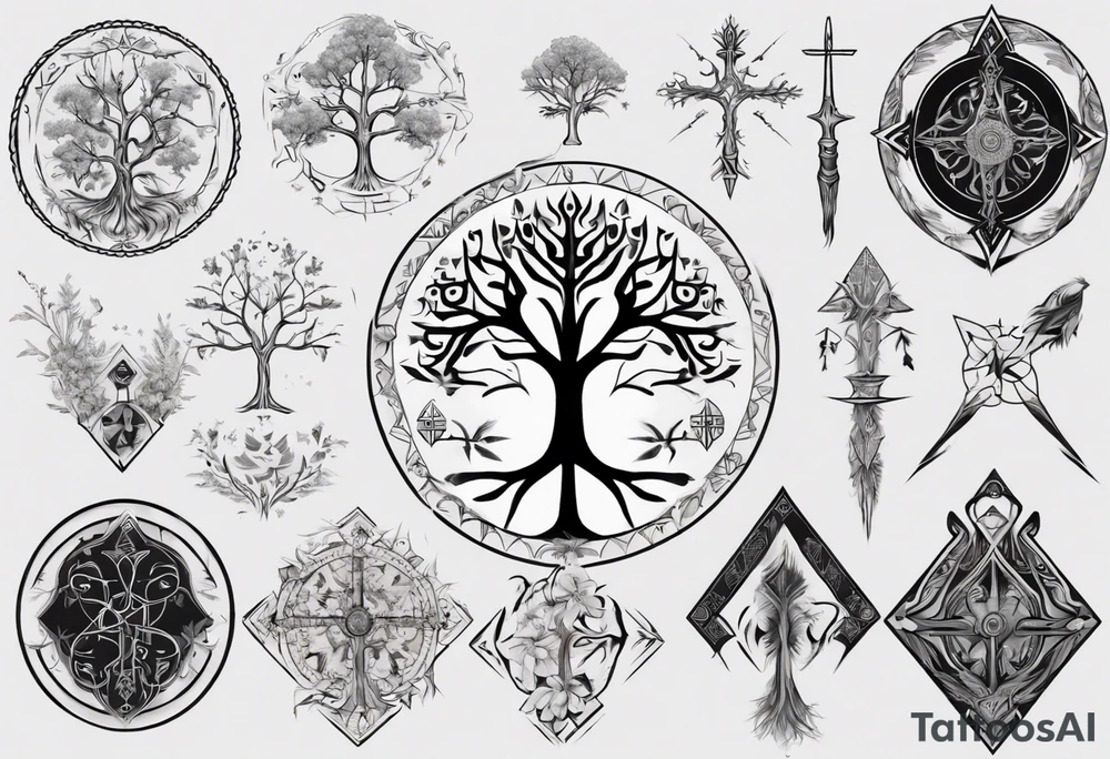 White Tree of Gondor, Geometric symbols, Nordic cross, playing cards, flowers, lord of the rings, Native American headdress, tattoo idea