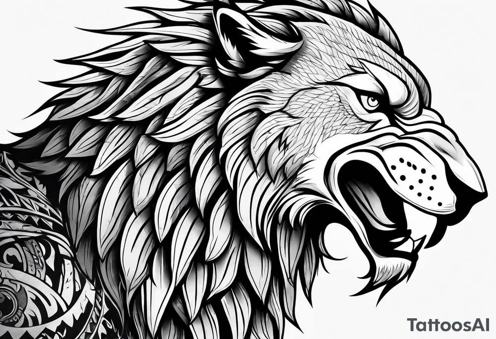 an eagle a lion and a wolf half-face tattoo idea