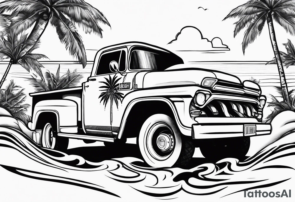 Mobster truck marijuana leaves bikini girl palm trees waves beach sunset tattoo idea