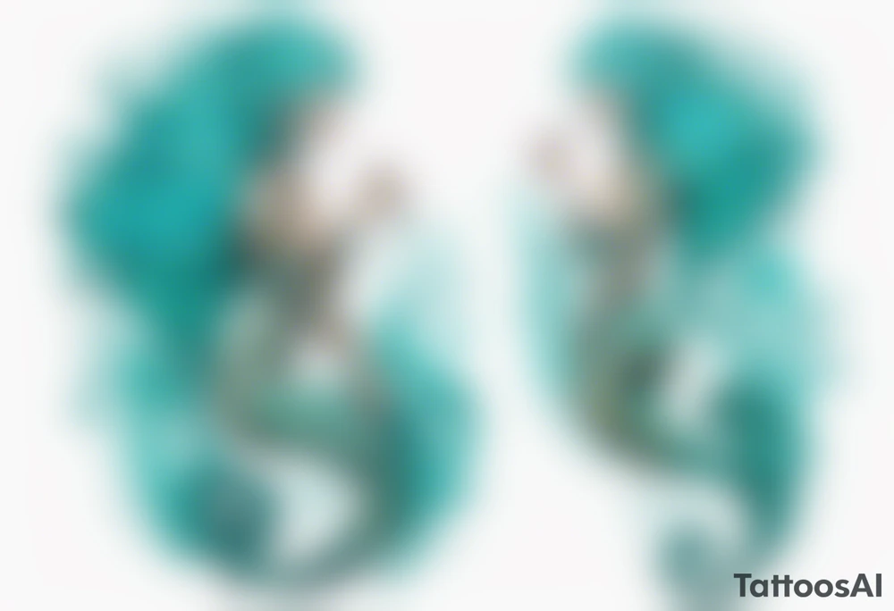 a tall woman made of water with turquoise hair riding a seahorse tattoo idea
