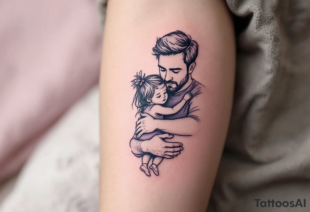 A fine-line tattoo of a father and little daughter embracing, filled with soft lavender and blush tones. tattoo idea