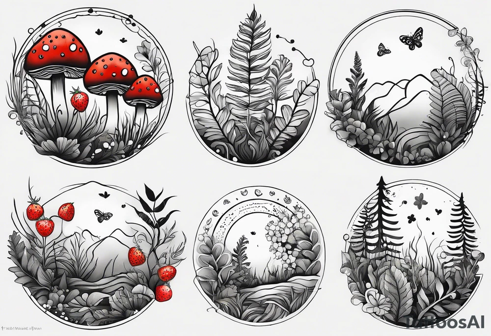 forest floor inspired tattoo, which includes grass, curly ferns and dead leaves as the bulk of the tattoo. details to include: three  tiny strawberries, couple of very small mushrooms, a tiny bumblebee flying nearby tattoo idea