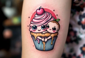 A pink cupcake holding hands with a baby muffin, with heart eyes and big smiles, outlined in black with pastel colors. tattoo idea