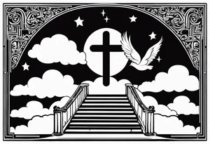 A heavenly stairway to heaven with clouds with a cross with two doves tattoo idea