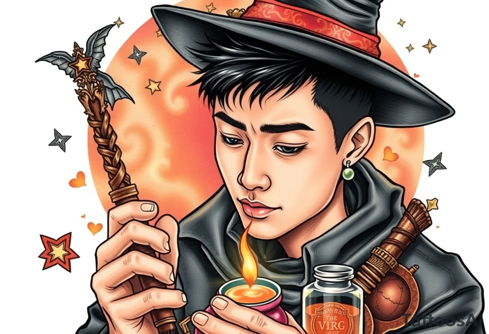 Handsome Asian young adult guy is  accidentally stumbled upon witch tools, supplies, artifacts, potions and exploring it curiously tattoo idea