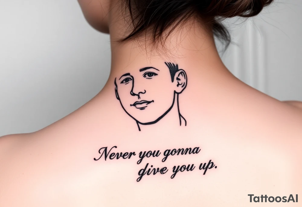 Rick Astley outline with text Never Gonna Give You Up tattoo idea