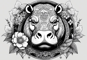 A not too big hippo head with a detailed realistic full moon on upper right corner and wintersweet flower on lower left corner, looking like a totem tattoo idea