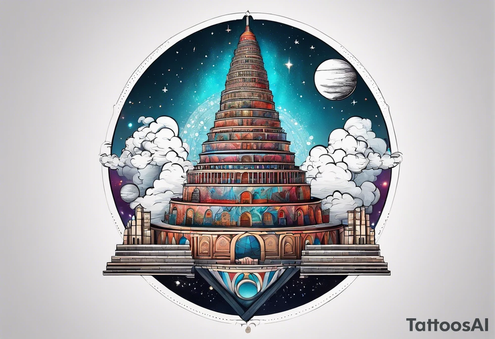 Babel tower with a cosmic background tattoo idea