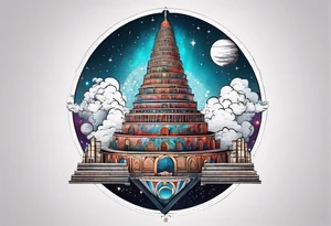 Babel tower with a cosmic background tattoo idea