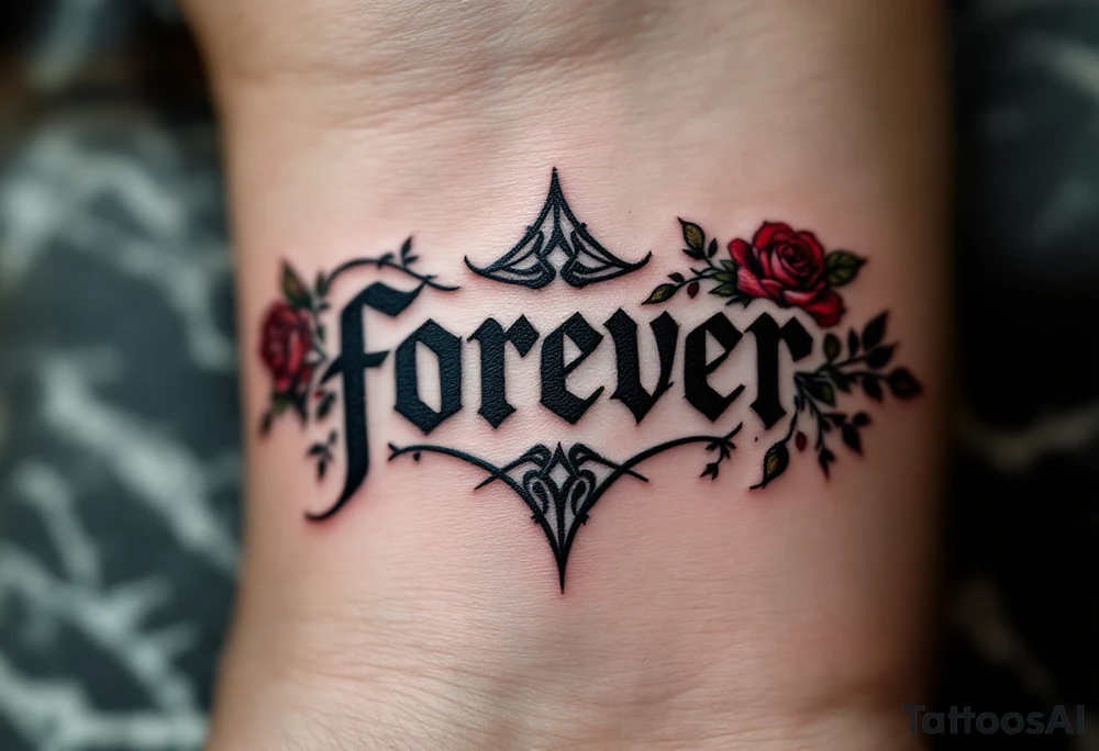 The word "forever" in black gothic font, bordered by dark crimson roses and ivy. tattoo idea