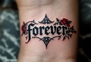 The word "forever" in black gothic font, bordered by dark crimson roses and ivy. tattoo idea