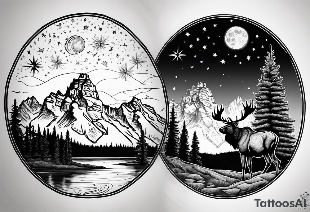 Half sleeve of Teton mountain range with moon and stars in the sky, two moose in front of Teton lake and some fir trees tattoo idea