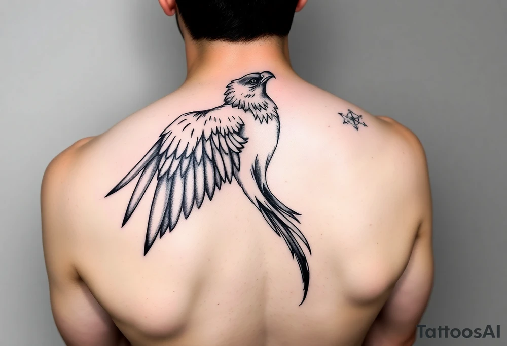 a majestic, fantastic bird, a combination of a hawk, crane and phoenix. The tattoo is placed on the left shoulder, we see the top of the bird, from bird perspective. One wing is pointing up the neck, the other wing is more curved and points towards the lower chest. The head of the bird points towards the left and is slightly raised. The tail of the bird runs over the shoulder and down the upper left arm. tattoo idea