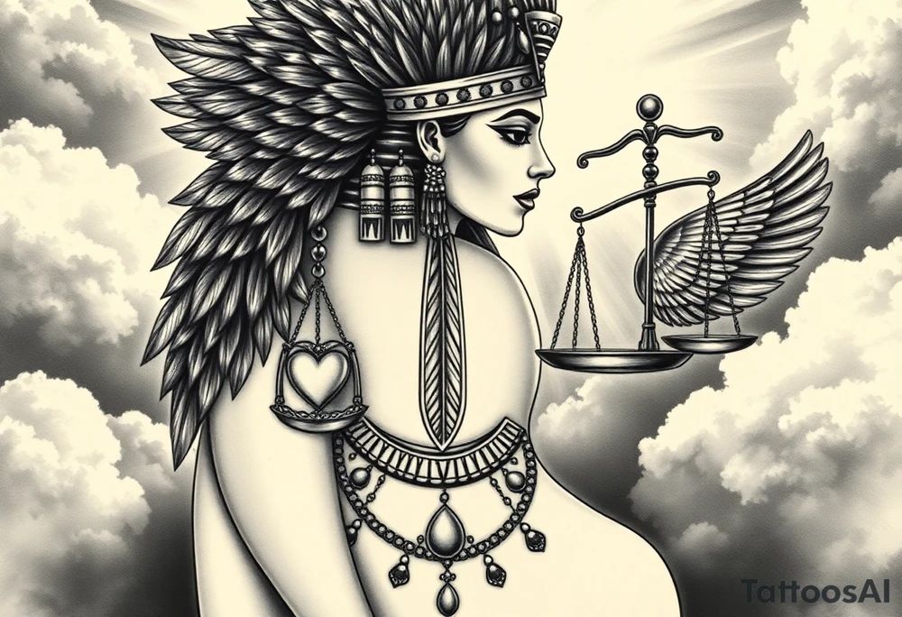Beautiful Egyptian goddess with a curvy sexy body. She is wearing an ostrich feather headdress, and intricate ancient Egyptian jewelry the Anhk necklace. Background includes something similar to heaven. Incorporate the Scales of Justice—one side holding a heart, the other Ma’at’s feather—glowing with ethereal energy. Emphasize dramatic lighting, deep shadows, and surreal, mystical atmosphere tattoo idea