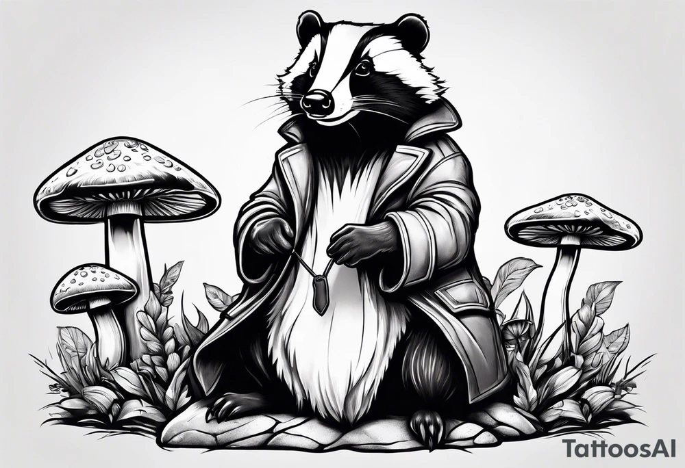 Badger in a coat sitting on a mushroom tattoo idea