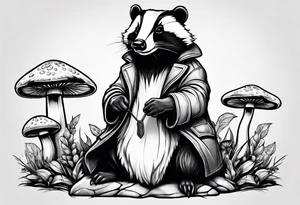Badger in a coat sitting on a mushroom tattoo idea
