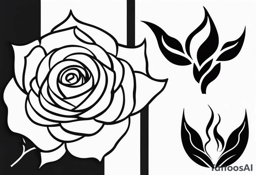 a minimalist small  dark tattoo with fire, rose, sward tattoo idea